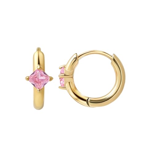 316L Surgical Steel Birthstone Hoop Earrings for Women | Lightweight, 5A Cubic Zirconia, Hypoallergenic, Lead & Nickel Free, 8mm Huggie Hoops - color: 18k gold-plated: 10. October (Tourmaline)