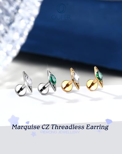 OUFER G23 Titanium Threadless Flat Back Stud, Marquise CZ Cartilage Earring, 18G Minimalist Helix Tragus Flat Piercing Jewelry for Sensitive Ears, 6mm Post - color: Gold- Green