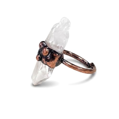 Irregular Natural Clear Quartz Ring for Women and Men | Adjustable Boho Big Rings for Vintage Hippie Jewelry | Healing Crystal Jewelry for Yoga, Meditation - color: Antique Copper