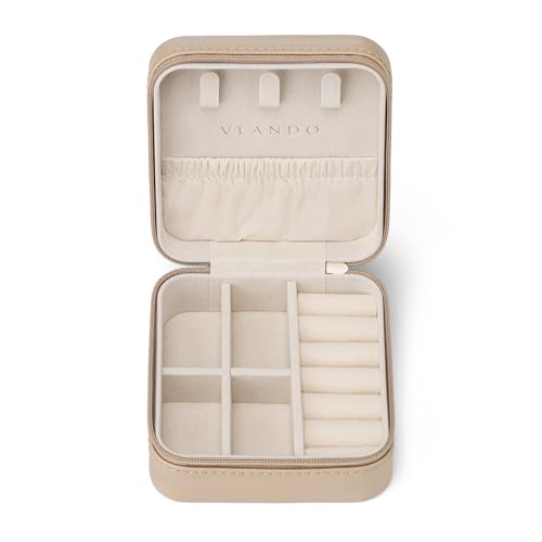 VLANDO Small Travel Jewelry Box Organizer Display Case for Girls Women Gift Rings Earrings Necklaces Storage, Latte - color: Latte