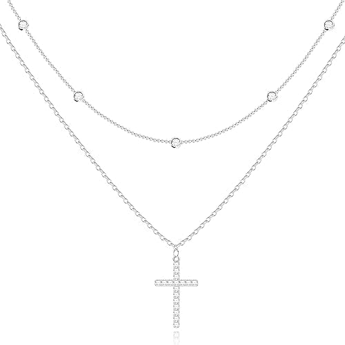 Poxtex Cross Necklace for Women Teen Girls, Dainty 14K Gold Silver Plated Cross Choker Jewelry Non Tarnish Waterproof Cute Simple Small Necklace Christian Baptism Religious Faith Jewelry Gifts - color: 07 Stacked Silver Necklace-CZS