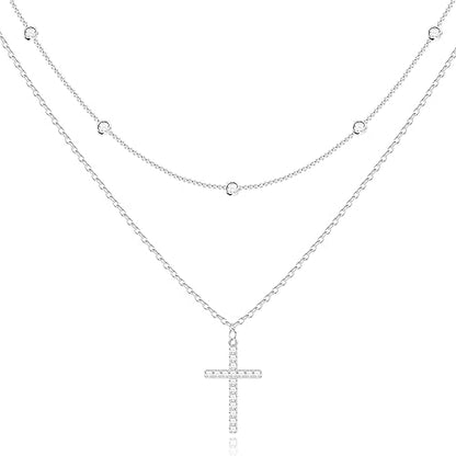 Poxtex Cross Necklace for Women Teen Girls, Dainty 14K Gold Silver Plated Cross Choker Jewelry Non Tarnish Waterproof Cute Simple Small Necklace Christian Baptism Religious Faith Jewelry Gifts - color: 07 Stacked Silver Necklace-CZS