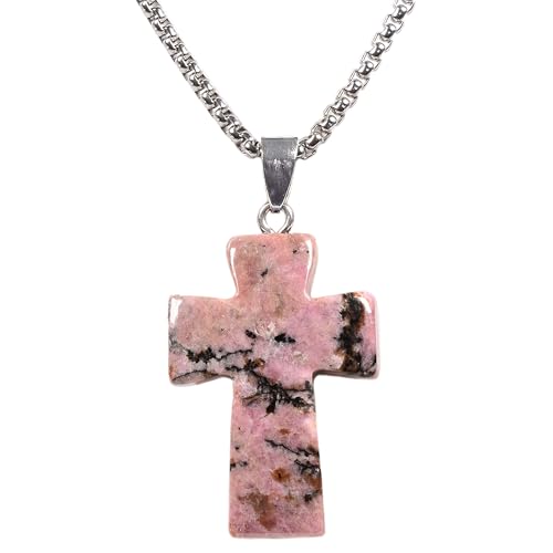 Justinstones 32mm Gemstone Carved Cross Reiki Chakra Pendant With Stainless Steel Necklace 22 Inch - color: Matrix Rhodonite