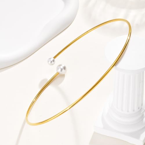 JAJAFOOK Minimalist Round Gold-Tone Bar Necklace Simple Fashion High Neck Choker Female King Neckwire - color: Wire with faux pearl‌