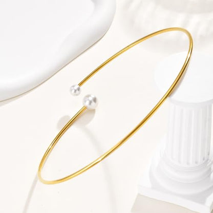 JAJAFOOK Minimalist Round Gold-Tone Bar Necklace Simple Fashion High Neck Choker Female King Neckwire - color: Wire with faux pearl‌