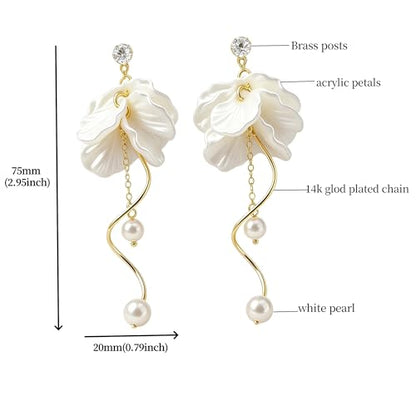 White Flower Petals Dangle Earrings Long Pearl Drop Earrings for Women | 14K Gold Plated Hypoallergenic Lightweight Elegant Floral Tassel Dangling Earrings for Wedding Graduation Pom Party