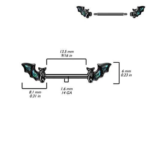 Pierced Owl 14GA Black PVD Plated 316L Stainless Steel Bat with Abalone Wings Nipple Barbells, Sold as a Pair