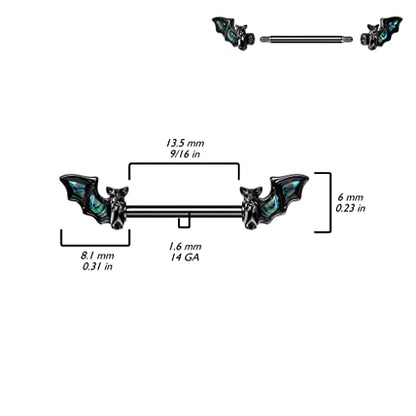 Pierced Owl 14GA Black PVD Plated 316L Stainless Steel Bat with Abalone Wings Nipple Barbells, Sold as a Pair