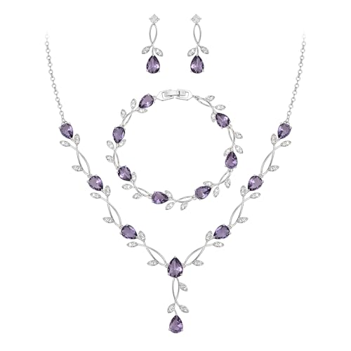 EVER FAITH Cubic Zirconia Pearl Leaf Bridal Jewelry Set for Bride Women | White Wedding Prom Necklace Dangle Earrings Bracelet, for Bridesmaid - color: CZ_Purple Silver-Plated-Brass