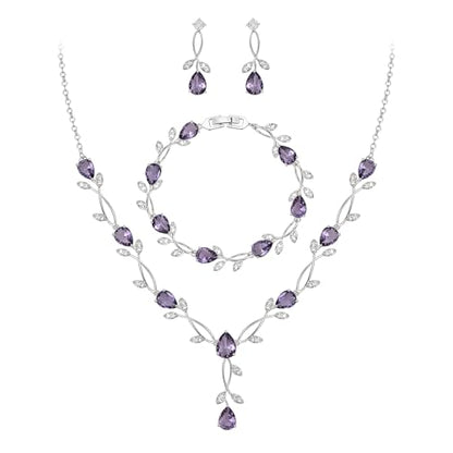 EVER FAITH Cubic Zirconia Pearl Leaf Bridal Jewelry Set for Bride Women | White Wedding Prom Necklace Dangle Earrings Bracelet, for Bridesmaid - color: CZ_Purple Silver-Plated-Brass