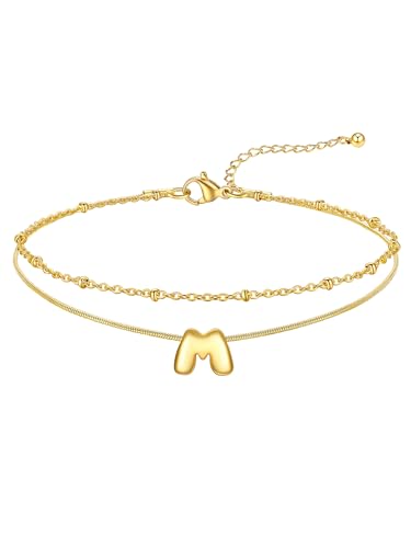 FOCALOOK Initial Anklet Bracelet for Women, 14K Gold Plated Anklets Layer Letter Ankle Chain Non Tarnish, 8.5"+2" Adjustable Large Ankle Summer Beach Foot Jewelry - color: Gold-M