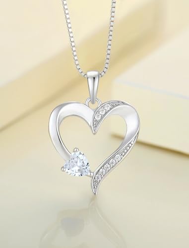 YL Heart Necklace 925 Sterling Silver Love Heart Pendant Birthstone Jewelry for Women - color: 04-diamond-Apr