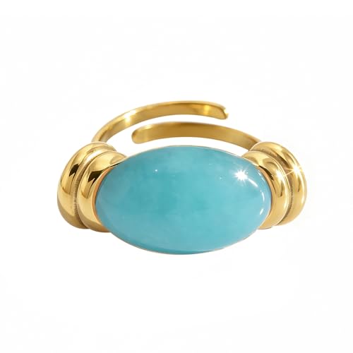 Natural Gemstone Statement Cocktail Ring for Women Oval Cabochon Stone Hypoallergenic Gold-Tone Plated Stainless Steel Band Wrap Finger Rings Comfirm Fit Boho Vintage Wedding Engagement Jewelry - color: Blue