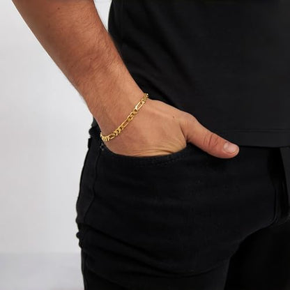 LUCA SMITH Gold Bracelets for Men & Women, 14K Gold Figaro Link Chain Bracelets 6mm Diamond-Cut Figaro Chain Bracelet for Men Hypoallergenic Trendy Dainty Jewelry Gifts Size 7.5in/8in/8.5in - size: 7.5in