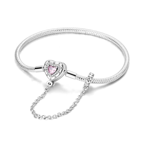 MULA 925 Sterling Silver Snake Chain Charm Bracelet Butterfly Heart Clover with 5A Cubic Zirconia Bracelets for Women - color: Pink Heart