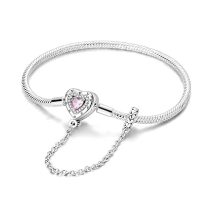 MULA 925 Sterling Silver Snake Chain Charm Bracelet Butterfly Heart Clover with 5A Cubic Zirconia Bracelets for Women - color: Pink Heart