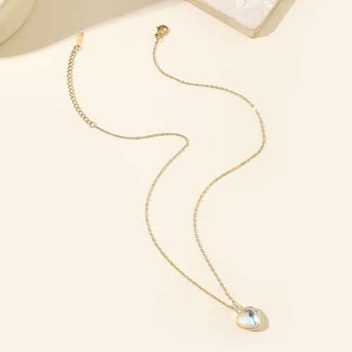 Heart Birthstone Necklace for Women, 14K Gold Plated Birthstone Pendant Necklace Cubic Zirconia Diamond Necklace Dainty Gold Necklace Birthday Gifts for Women Girls - color: 06. June(Moonstone)