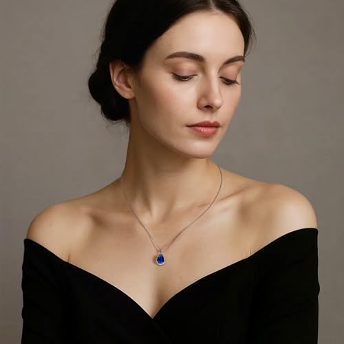 Teardrop Pendant Necklace for Women - Sterling Silver Birthstone Crystal Necklace Gift - color: Sapphire