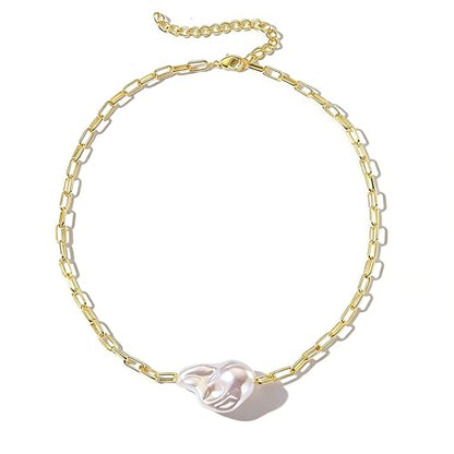 Chunky Pearl Necklaces for Women Chunky Baroque Pearl Beaded Gold Chain Link Pearls Pendant Necklace White Pearls Necklace Valentine's Day Jewelry Gifts Party Prom Birthday Outfits Accessorie - style: Golden Chain One Pearl