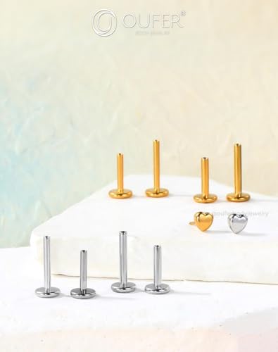 OUFER G23 Titanium Threadless Labret Studs – Flat Back Push Pin Earrings for Tragus, Helix, Monroe, Conch, Lip Piercing – 16G/18G, 6MM/8MM - color: Silver-Heart, size: 18g 8mm