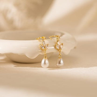 Plenky Pearl Earrings-14K Gold Plated Dainty Pearl Drop Simple Wedding CZ Dangle Dangling Cute Stud Earrings for Brides Earrings for Women Gifts - style: Leaf Pearl Earrings