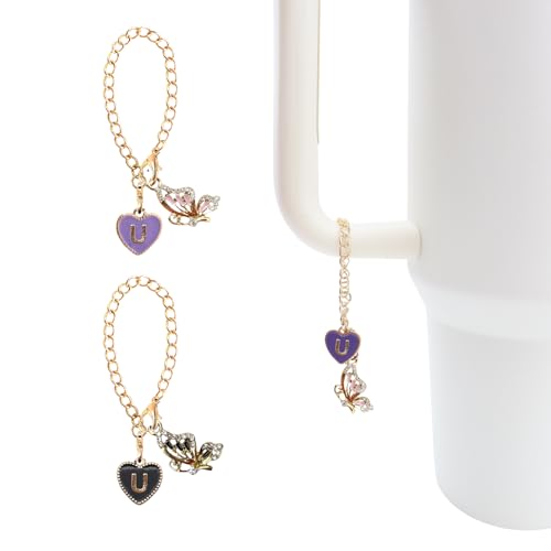 Rhinestones Letter Pendant for Stanley Cup,2PCS Initial Name ID Personalized Handle Charm for Water Bottle Tumbler Stanley Cup,Heart Shape & Four Leaf Clover Identification Charms Chain - color: black and purple, size: Purple butterfly-U