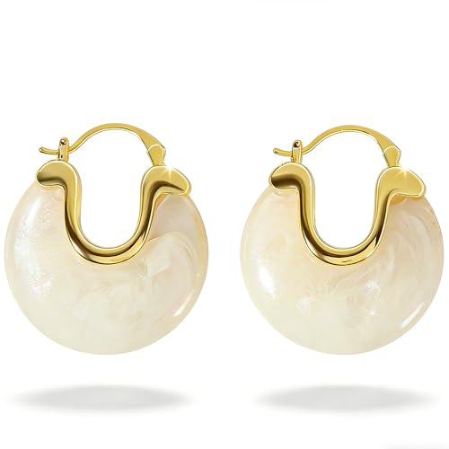 Cream White Chunky Lazy-Chic Hoop Earrings - Gold-Accented Resin Statement Hoops for Women, Trendy Daily & Vacation Jewelry