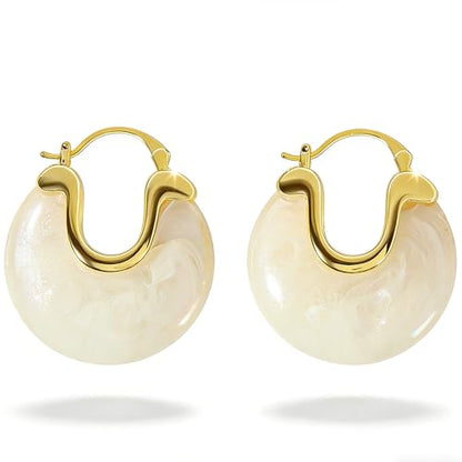 Cream White Chunky Lazy-Chic Hoop Earrings - Gold-Accented Resin Statement Hoops for Women, Trendy Daily & Vacation Jewelry