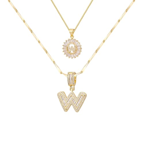2PCS Initial Necklaces for Women, 14K Gold Plated Letter Pendant Set | Trendy Layered Bling Style, Meaningful Letter & Round CZ Pendant Design - color: Gold, style: Letter W