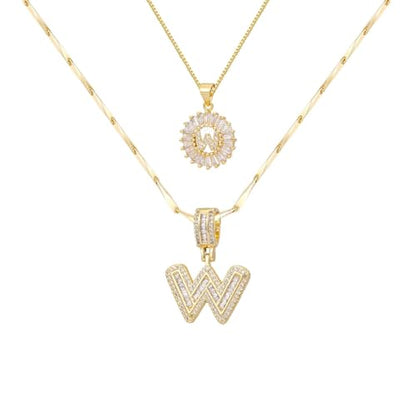 2PCS Initial Necklaces for Women, 14K Gold Plated Letter Pendant Set | Trendy Layered Bling Style, Meaningful Letter & Round CZ Pendant Design - color: Gold, style: Letter W