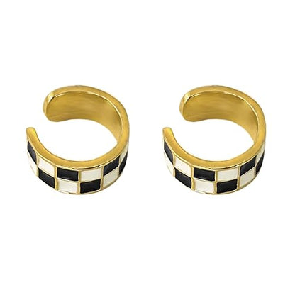 Checker Cuff Wrap Cartilage Earrings for Women Non Pierced Ear Fashion Black White Enamel Fake Hoop Hypoallergenic Jewelry Gift