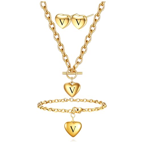 Women's 3 Pieces Heart Name Initial Necklace, Bracelet, Earrings, Jewelry Set Stainless Steel A-Z letters Jewelry Suits - color: Gold, size: V
