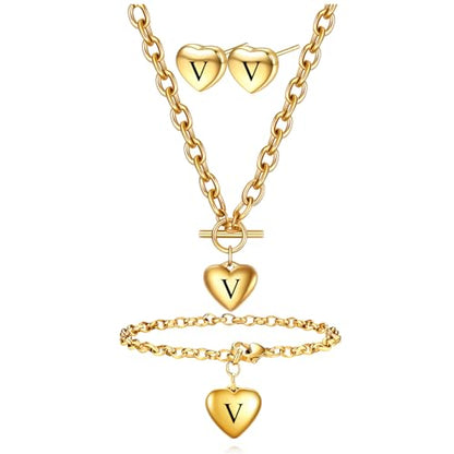 Women's 3 Pieces Heart Name Initial Necklace, Bracelet, Earrings, Jewelry Set Stainless Steel A-Z letters Jewelry Suits - color: Gold, size: V