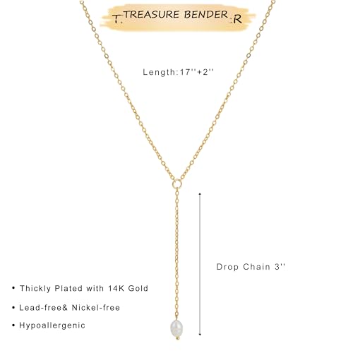 Lariat Gold Necklace for Women Dainty Long 14K Gold Plated Y-Shaped Body Chain Choker Necklace Trendy Non Tarnish Pendant Simple Layered Necklaces Gold Jewelry for Women Set Gift - color: Single Pearl
