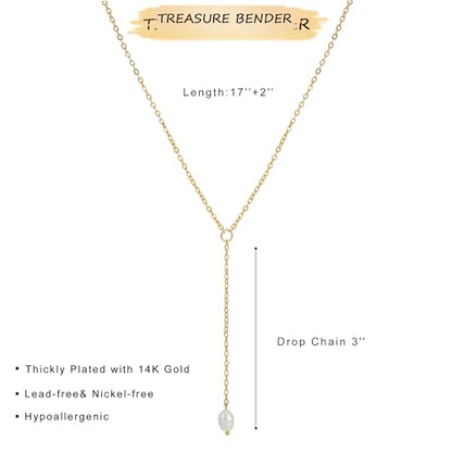 Lariat Gold Necklace for Women Dainty Long 14K Gold Plated Y-Shaped Body Chain Choker Necklace Trendy Non Tarnish Pendant Simple Layered Necklaces Gold Jewelry for Women Set Gift - color: Single Pearl