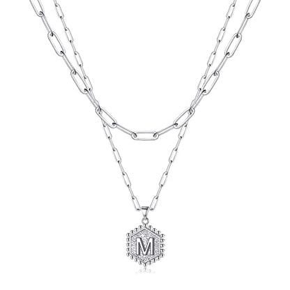 M MOOHAM Dainty Initial Necklaces for Women, 14K-Gold-Plated Layering Necklace for Women Cute Hexagon Letter Initial Necklace Layered Necklaces for Womens Teen Girl Gifts - color: Silver Plated, style: M