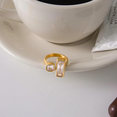 Cubic Zirconia Square Gold-Tone Statement Ring for Women Hypoallergenic Stainless Steel Adjustable Stackable Charm Geometric Open Band Wrap Finger Rings Comfort Fit Fashion Holiday Party Prom Jewelry