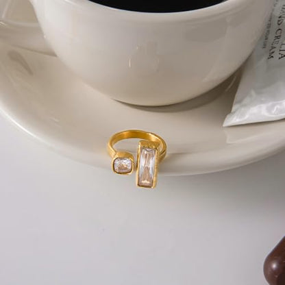 Cubic Zirconia Square Gold-Tone Statement Ring for Women Hypoallergenic Stainless Steel Adjustable Stackable Charm Geometric Open Band Wrap Finger Rings Comfort Fit Fashion Holiday Party Prom Jewelry