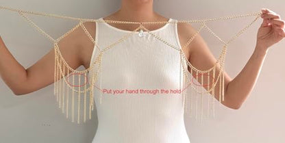 Gold Body Chain Shoulder Chain Punk Layered Arm Chain Tasssel Shoulder Necklace Festival Party Bridal Wedding Body Jewelry