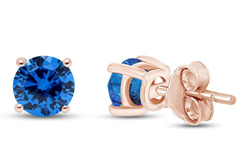 Birthstone Stud Earrings for Women 4MM Round Simulated Gemstone Studs | Push Back Earrings In 14K Gold Over Sterling Silver - color: December - Blue Topaz