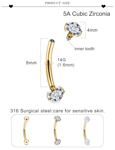 18G 16G 14G Eyebrow Ring Piercing Jewelry Surgical Steel Internal Thread Vertical Labret Lip Ring Rook Daith Earrings Belly Button Ring Piercing Jewelry for Women Men CZ Silver Black Gold - color: Gold, size: 14G, 8mm Length