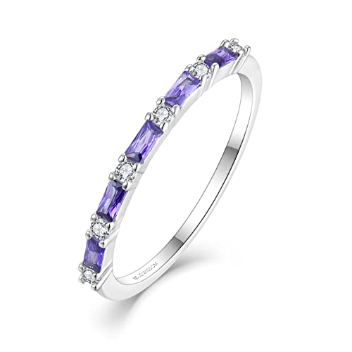 JO WISDOM 925 Sterling Silver Wedding Band for Women Thin Stacking Ring Half Cubic Zirconia Eternity Engagement Ring - color: 02-Feb-amethyst