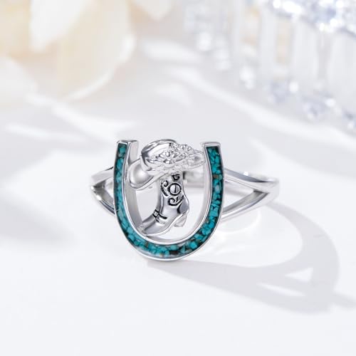 Horseshoe Ring 925 Sterling Silver Turquoise Cowboy Boot Ring Western Jewelry Cowgirl Gifts for Women Girlfriend Cowgirl