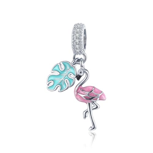 BISAER 925 Sterling Silver Charms for Bracelets Cat Dog Sloth Animal Beads Butterfly Fairy Heart Dangle Pendant Charms - color: Flamingo