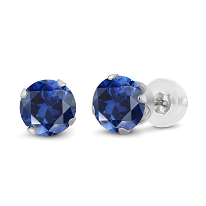 Gem Stone King 14K Gold Gemstone Birthstone Stud Earrings For Women Men | 4MM Round Cut | Solitaire Gold Studs with Secure Backs | Fine Jewelry for Her Him Mom Dad Wife - color: Blue Created Sapphire-September