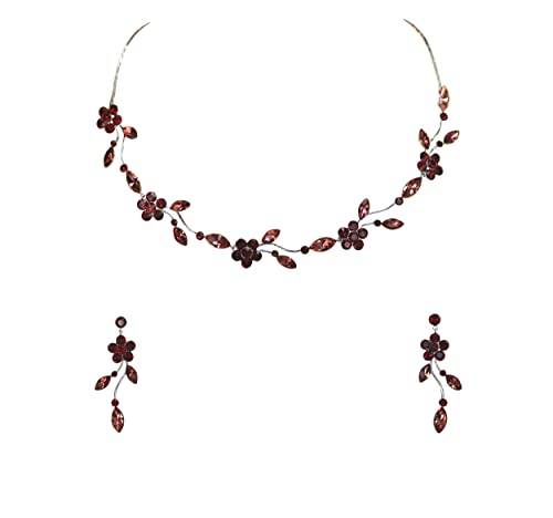 Faship Gorgeous Rhinestone Crystal Floral Necklace Earrings Set - color: Burgundy