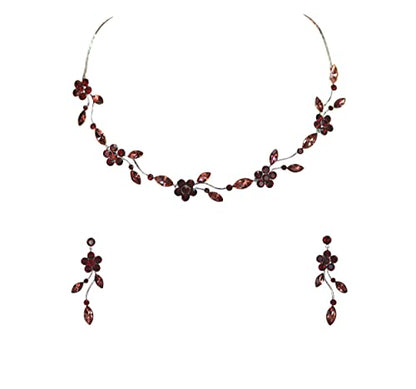 Faship Gorgeous Rhinestone Crystal Floral Necklace Earrings Set - color: Burgundy