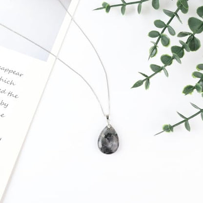 iSTONE 925 Sterling Silver Natural Crytral for Womens Pendant Necklace, Gemstone Birthstone with 17.8" Silver Chain Ladies - color: Black Spectrolite