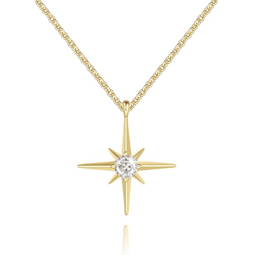 FENIMI Gold Necklace for Women 14K Gold Pendant Necklaces for Women North Star Necklace Pendant with Cubic Zirconia Gentle and Beautifully Bright Dainty Chunky Star Jewelry for Womens