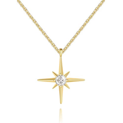 FENIMI Gold Necklace for Women 14K Gold Pendant Necklaces for Women North Star Necklace Pendant with Cubic Zirconia Gentle and Beautifully Bright Dainty Chunky Star Jewelry for Womens